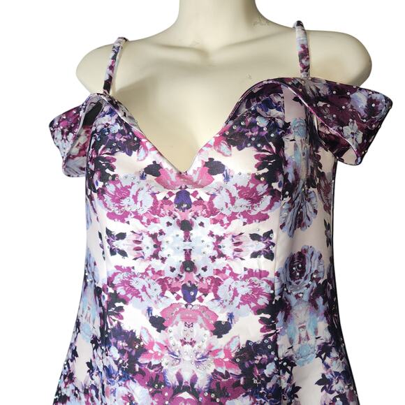 Xscape 12 Floral Ikat Rhinestone Jeweled Long Trumpet Mermaid Prom Dress Purple - Picture 3 of 13